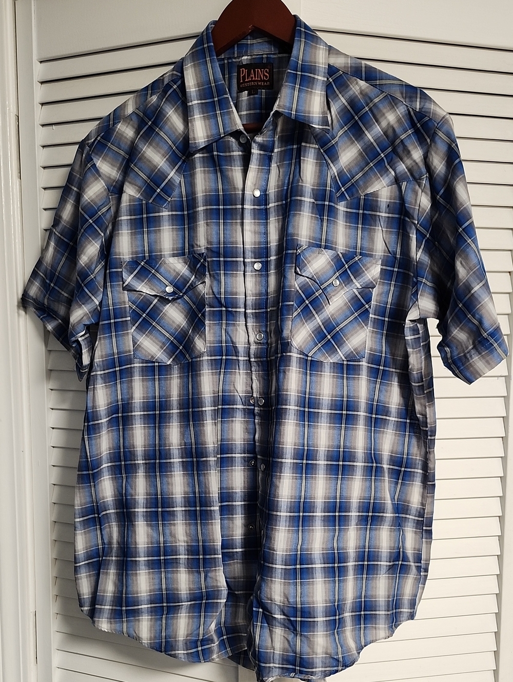 Plains Western Wear Men’s Blue Plaid Short-Sleeve Button-Down Shirt